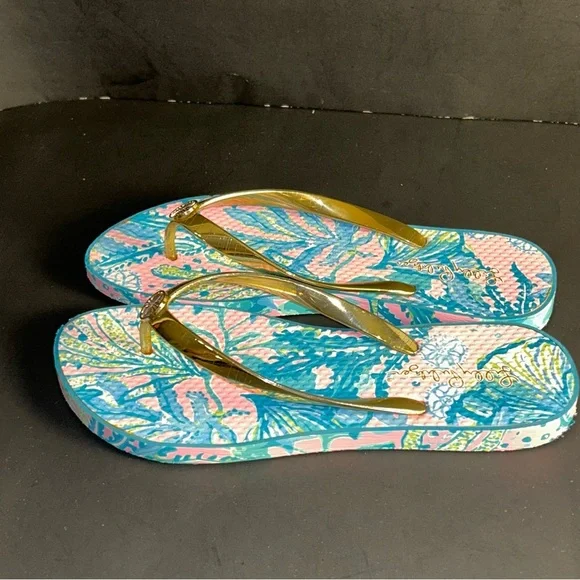 Lilly Pulitzer Multicolor Floral Gold Strap Flip Flops Sandals Womens Size 8 - Picture 3 of 12